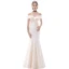 Affordable Champagne Evening Dresses  2020 Trumpet / Mermaid Off-The-Shoulder Short Sleeve Floor-Length / Long Ruffle Backless Formal Dresses