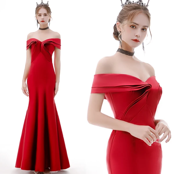 Affordable Champagne Evening Dresses 2020 Trumpet / Mermaid Off-The-Shoulder Short Sleeve Floor-Length / Long Ruffle Backless Formal Dresses