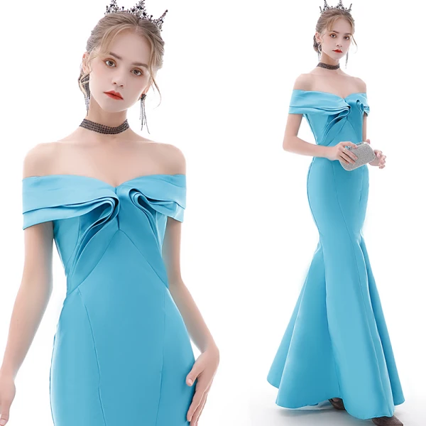 Affordable Champagne Evening Dresses 2020 Trumpet / Mermaid Off-The-Shoulder Short Sleeve Floor-Length / Long Ruffle Backless Formal Dresses