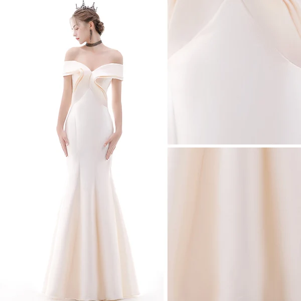 Affordable Champagne Evening Dresses 2020 Trumpet / Mermaid Off-The-Shoulder Short Sleeve Floor-Length / Long Ruffle Backless Formal Dresses