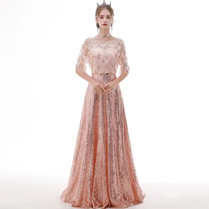 Abordable Or Rose Transparentes Robe De Soirée 2020 Princesse Encolure Dégagée 1 2 Manches Métal Ceinture Paillettes Gland Longue Volants Robe De Ceremonie