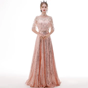 Abordable Or Rose Transparentes Robe De Soirée 2020 Princesse Encolure Dégagée 1 2 Manches Métal Ceinture Paillettes Gland Longue Volants Robe De Ceremonie