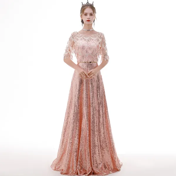 in Stock CH189S Size 14 Tea Length Pleated Sequin Formal Evening Gown Rose Gold Short Dress