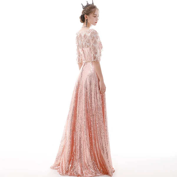 Affordable Rose Gold See-through Evening Dresses 2020 A-Line / Princess Scoop Neck 1/2 Sleeves Metal Sash Sequins Tassel Floor-Length / Long Ruffle Formal Dresses