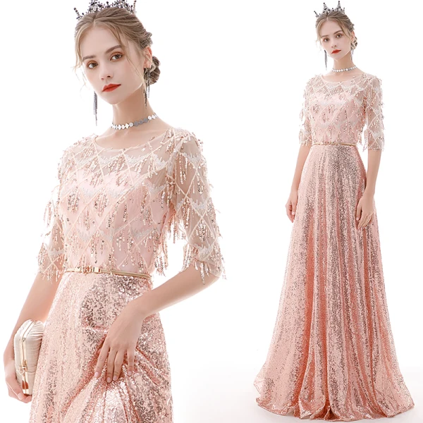 Affordable Rose Gold See-through Evening Dresses 2020 A-Line / Princess Scoop Neck 1/2 Sleeves Metal Sash Sequins Tassel Floor-Length / Long Ruffle Formal Dresses