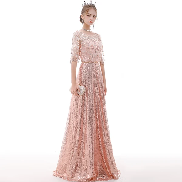 Affordable Rose Gold See-through Evening Dresses 2020 A-Line / Princess Scoop Neck 1/2 Sleeves Metal Sash Sequins Tassel Floor-Length / Long Ruffle Formal Dresses