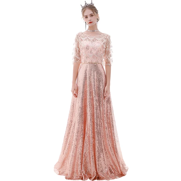 Affordable Rose Gold See-through Evening Dresses 2020 A-Line / Princess Scoop Neck 1/2 Sleeves Metal Sash Sequins Tassel Floor-Length / Long Ruffle Formal Dresses