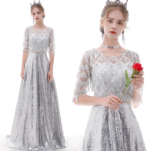 Affordable Rose Gold See-through Evening Dresses 2020 A-Line / Princess Scoop Neck 1/2 Sleeves Metal Sash Sequins Tassel Floor-Length / Long Ruffle Formal Dresses