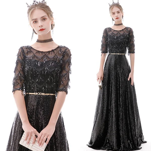 Affordable Rose Gold See-through Evening Dresses 2020 A-Line / Princess Scoop Neck 1/2 Sleeves Metal Sash Sequins Tassel Floor-Length / Long Ruffle Formal Dresses