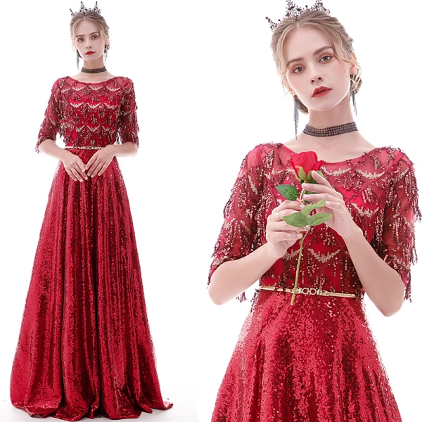 Affordable Rose Gold See-through Evening Dresses 2020 A-Line / Princess Scoop Neck 1/2 Sleeves Metal Sash Sequins Tassel Floor-Length / Long Ruffle Formal Dresses