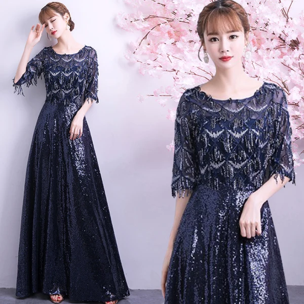 Affordable Rose Gold See-through Evening Dresses 2020 A-Line / Princess Scoop Neck 1/2 Sleeves Metal Sash Sequins Tassel Floor-Length / Long Ruffle Formal Dresses
