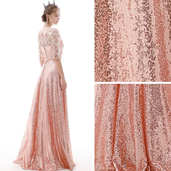 Affordable Rose Gold See-through Evening Dresses 2020 A-Line / Princess Scoop Neck 1/2 Sleeves Metal Sash Sequins Tassel Floor-Length / Long Ruffle Formal Dresses