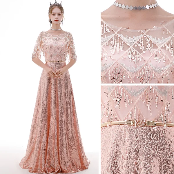 Affordable Rose Gold See-through Evening Dresses 2020 A-Line / Princess Scoop Neck 1/2 Sleeves Metal Sash Sequins Tassel Floor-Length / Long Ruffle Formal Dresses