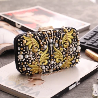 Chic Beautiful Black Square Clutch Bags 2020 Metal Gold Embroidered Beading Pearl