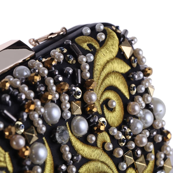 Chic / Beautiful Black Square Clutch Bags 2020 Metal Gold Embroidered Beading Pearl