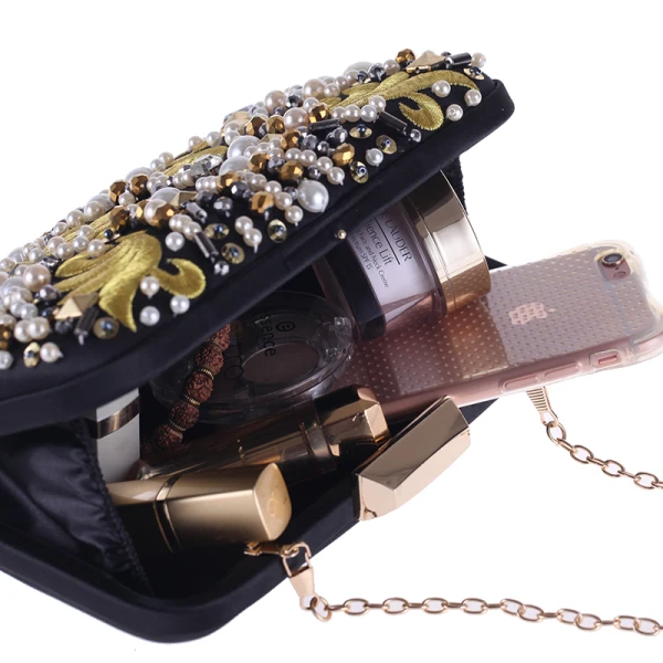 Chic / Beautiful Black Square Clutch Bags 2020 Metal Gold Embroidered Beading Pearl