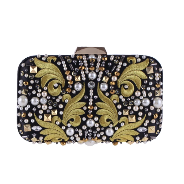 Chic / Beautiful Black Square Clutch Bags 2020 Metal Gold Embroidered Beading Pearl