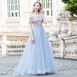 Luxury Gorgeous Sky Blue Evening Dresses 2020 A Line Princess See Through Scoop Neck Short Sleeve Rhinestone Sash Beading Sweep Train Ruffle Backless Formal Dresses