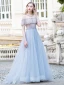 Luksusowe Błękitne Sukienki Wieczorowe 2020 Princessa Przezroczyste Wycięciem Kótkie Rękawy Rhinestone Szarfa Frezowanie Trenem Sweep Wzburzyć Bez Pleców Sukienki Wizytowe