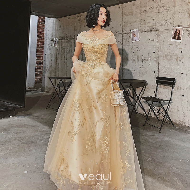 Chic / Beautiful Gold Evening Dresses 2020 A-Line / Princess See-through Square Neckline Short Sleeve Appliques Sequins Floor-Length / Long Ruffle Backless Formal Dresses Chic / Beautiful Gold Evening Dresses 2020 A-Line / Princess See-through Square Neckline Short Sleeve Appliques Sequins Floor-Length / Long Ruffle Backless Formal Dresses