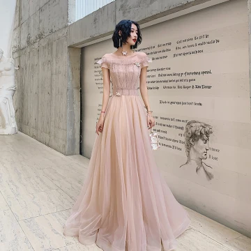 Elegant Blushing Pink See Through Evening Dresses 2020 A Line Princess Scoop Neck Short Sleeve Beading Floor Length Long Ruffle Backless Formal Dresses