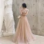 Elegante Rosa Durchsichtige Abendkleider 2020 A Linie Rundhalsausschnitt Kurze Ärmel Perlenstickerei Lange Rüschen Rückenfreies Festliche Kleider