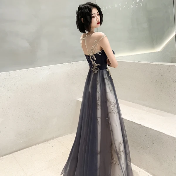Chic / Belle Transparentes Bleu Marine Robe De Soirée 2020 Princesse Encolure Dégagée Sans Manches Appliques Paillettes Longue Volants Dos Nu Robe De Ceremonie
