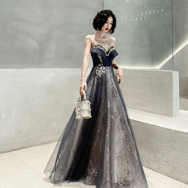 Chic / Belle Transparentes Bleu Marine Robe De Soirée 2020 Princesse Encolure Dégagée Sans Manches Appliques Paillettes Longue Volants Dos Nu Robe De Ceremonie
