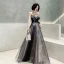 Chic / Belle Transparentes Bleu Marine Robe De Soirée 2020 Princesse Encolure Dégagée Sans Manches Appliques Paillettes Longue Volants Dos Nu Robe De Ceremonie