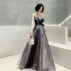 Chic / Beautiful See-through Navy Blue Evening Dresses  2020 A-Line / Princess Scoop Neck Sleeveless Appliques Sequins Floor-Length / Long Ruffle Backless Formal Dresses
