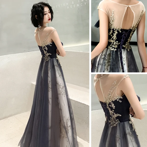 Chic / Belle Transparentes Bleu Marine Robe De Soirée 2020 Princesse Encolure Dégagée Sans Manches Appliques Paillettes Longue Volants Dos Nu Robe De Ceremonie