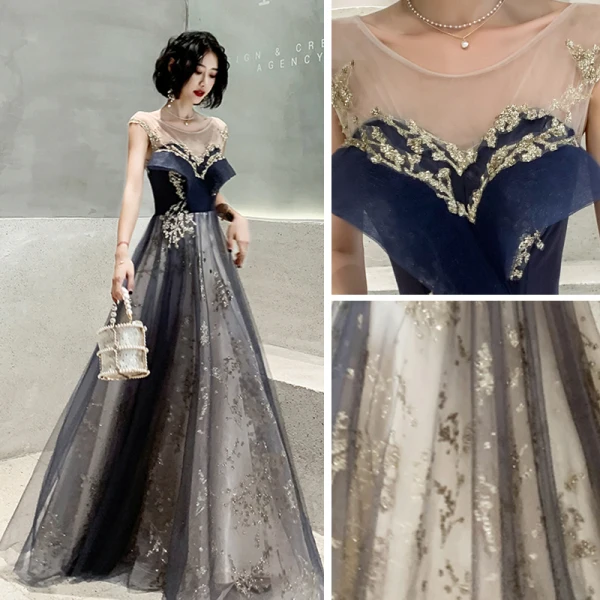 Chic / Belle Transparentes Bleu Marine Robe De Soirée 2020 Princesse Encolure Dégagée Sans Manches Appliques Paillettes Longue Volants Dos Nu Robe De Ceremonie