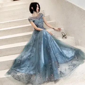 Élégant Océan Bleu Transparentes Robe De Soirée 2020 Princesse Encolure Carrée Manches Courtes Appliques Paillettes Longue Volants Dos Nu Robe De Ceremonie