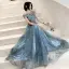 Élégant Océan Bleu Transparentes Robe De Soirée 2020 Princesse Encolure Carrée Manches Courtes Appliques Paillettes Longue Volants Dos Nu Robe De Ceremonie