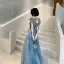Élégant Océan Bleu Transparentes Robe De Soirée 2020 Princesse Encolure Carrée Manches Courtes Appliques Paillettes Longue Volants Dos Nu Robe De Ceremonie