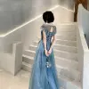 Elegant Ocean Blue See-through Evening Dresses  2020 A-Line / Princess Square Neckline Short Sleeve Appliques Sequins Floor-Length / Long Ruffle Backless Formal Dresses
