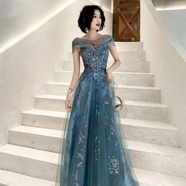 Élégant Océan Bleu Transparentes Robe De Soirée 2020 Princesse Encolure Carrée Manches Courtes Appliques Paillettes Longue Volants Dos Nu Robe De Ceremonie
