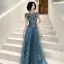 Élégant Océan Bleu Transparentes Robe De Soirée 2020 Princesse Encolure Carrée Manches Courtes Appliques Paillettes Longue Volants Dos Nu Robe De Ceremonie