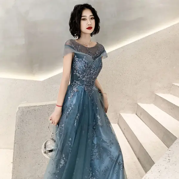 Élégant Océan Bleu Transparentes Robe De Soirée 2020 Princesse Encolure Carrée Manches Courtes Appliques Paillettes Longue Volants Dos Nu Robe De Ceremonie