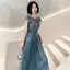 Élégant Océan Bleu Transparentes Robe De Soirée 2020 Princesse Encolure Carrée Manches Courtes Appliques Paillettes Longue Volants Dos Nu Robe De Ceremonie