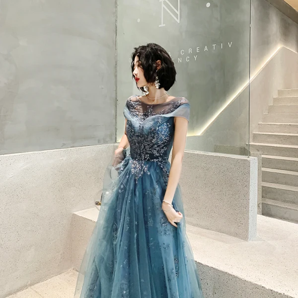 Élégant Océan Bleu Transparentes Robe De Soirée 2020 Princesse Encolure Carrée Manches Courtes Appliques Paillettes Longue Volants Dos Nu Robe De Ceremonie