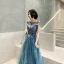 Élégant Océan Bleu Transparentes Robe De Soirée 2020 Princesse Encolure Carrée Manches Courtes Appliques Paillettes Longue Volants Dos Nu Robe De Ceremonie