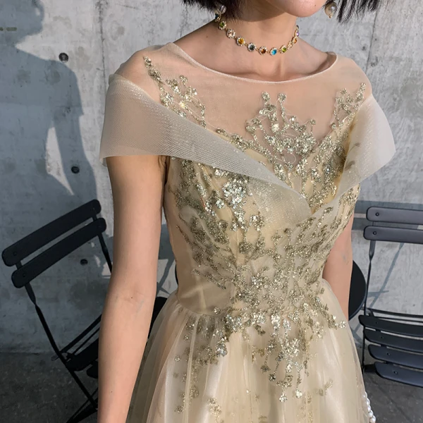 Élégant Océan Bleu Transparentes Robe De Soirée 2020 Princesse Encolure Carrée Manches Courtes Appliques Paillettes Longue Volants Dos Nu Robe De Ceremonie