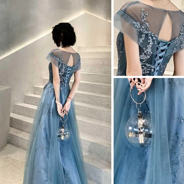 Élégant Océan Bleu Transparentes Robe De Soirée 2020 Princesse Encolure Carrée Manches Courtes Appliques Paillettes Longue Volants Dos Nu Robe De Ceremonie