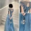 Élégant Océan Bleu Transparentes Robe De Soirée 2020 Princesse Encolure Carrée Manches Courtes Appliques Paillettes Longue Volants Dos Nu Robe De Ceremonie