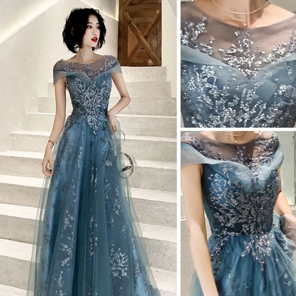 Élégant Océan Bleu Transparentes Robe De Soirée 2020 Princesse Encolure Carrée Manches Courtes Appliques Paillettes Longue Volants Dos Nu Robe De Ceremonie
