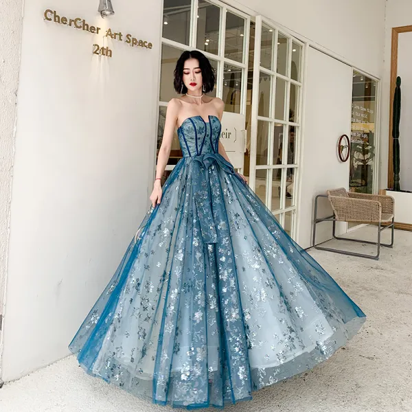 Elegant Ocean Blue Evening Dresses  2020 A-Line / Princess Strapless Sleeveless Appliques Sequins Floor-Length / Long Ruffle Backless Formal Dresses