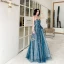 Elegant Ocean Blue Evening Dresses  2020 A-Line / Princess Strapless Sleeveless Appliques Sequins Floor-Length / Long Ruffle Backless Formal Dresses