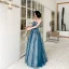 Elegant Ocean Blue Evening Dresses  2020 A-Line / Princess Strapless Sleeveless Appliques Sequins Floor-Length / Long Ruffle Backless Formal Dresses