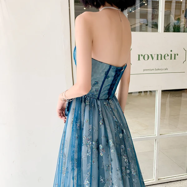 Elegant Ocean Blue Evening Dresses 2020 A-Line / Princess Strapless Sleeveless Appliques Sequins Floor-Length / Long Ruffle Backless Formal Dresses